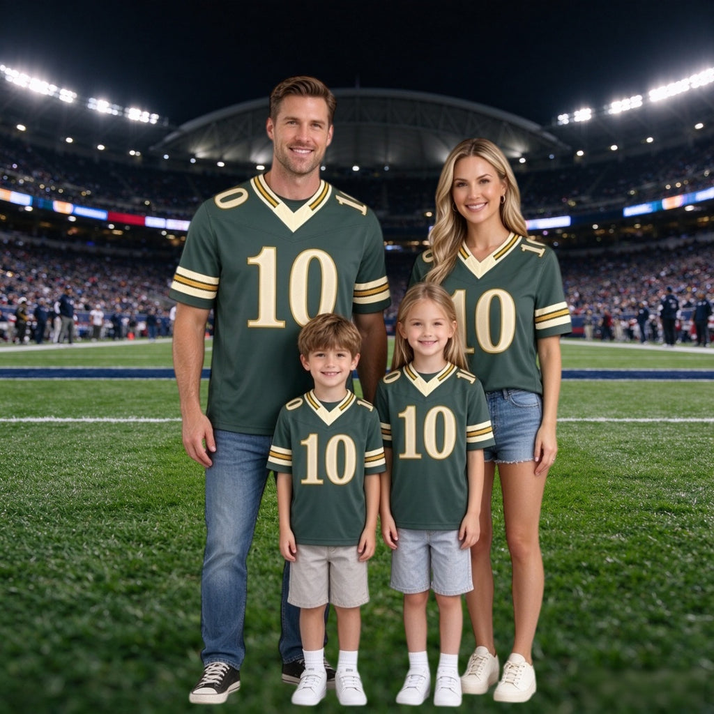 Family matching green #10 football stitched jersey set for men women boy girl youth kids, game day fan outfit white background