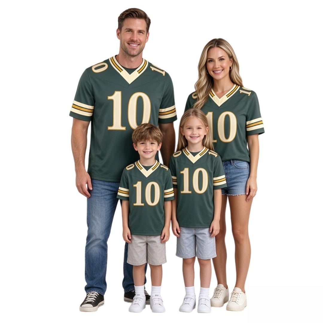 Family matching green #10 football jersey set for men women boy girl youth kids, game day fan outfit white background
