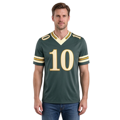 Man wearing dark green #10 football jersey, v-neck short sleeve fan jersey isolated white background