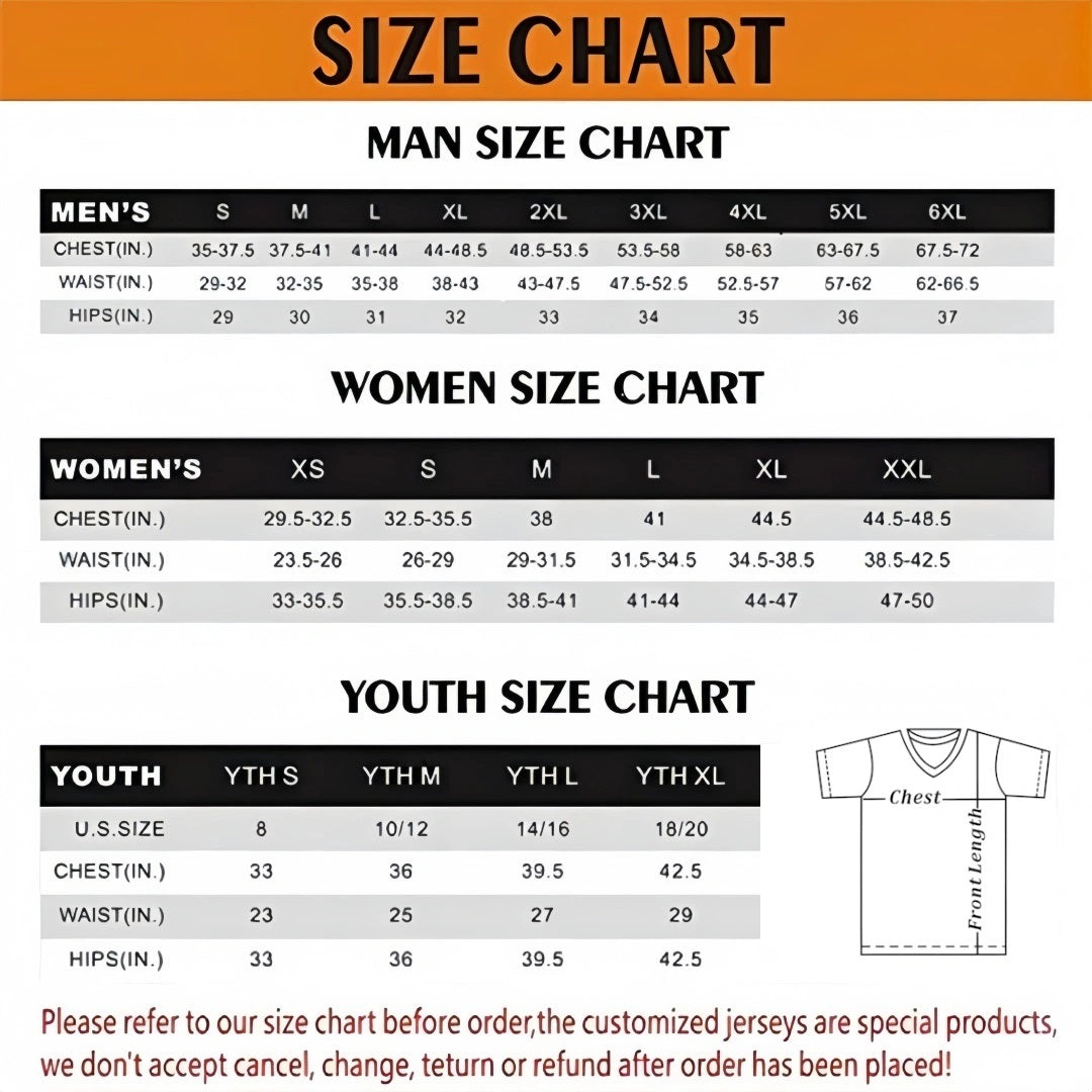 Size chart for matching family #10 football jersey, men women youth chest waist hip measurement in inches